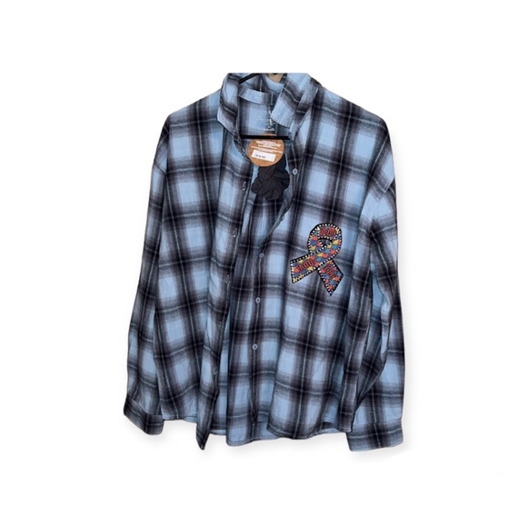 Autism Awareness OOAK Upcycled BDG Blue Flannel Shirt Sz L Boutique - Picture 3 of 4